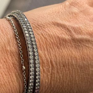 PANDORA silver & white cubic zirconia bangle bracelets -set of two size 17